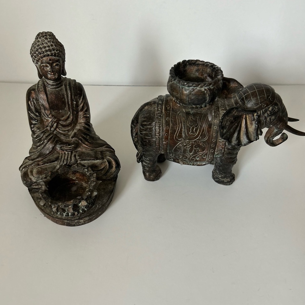 Sitting Meditation & Elephant Figurine Statue Decor Tea Light Candle Holder